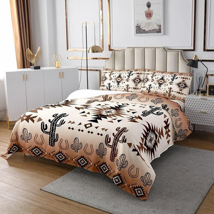 Manfei Geometric Aztec Kids Bedspread King Size,Horseshoe Cactus Rustic Cottage Coverlet Set,Boys Girls Room Decor,Southwest Western Cowboy Tribal Quilted Coverlet,Retro Bedding Quilt,2 Pillowcases