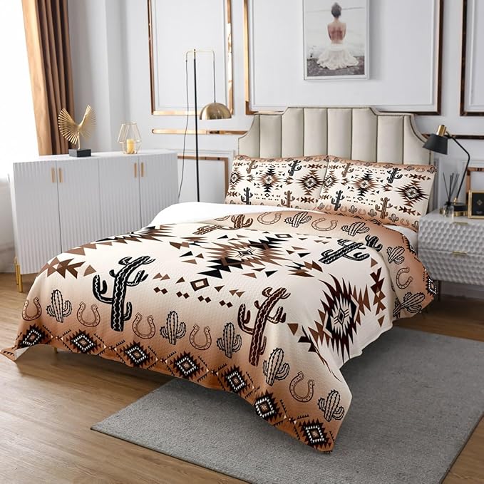 Manfei Geometric Aztec Kids Bedspread Queen Size,Horseshoe Cactus Rustic Cottage Coverlet Set,Boys Girls Room Decor,Southwest Western Cowboy Tribal Quilted Coverlet,Retro Bedding Quilt,2 Pillowcases