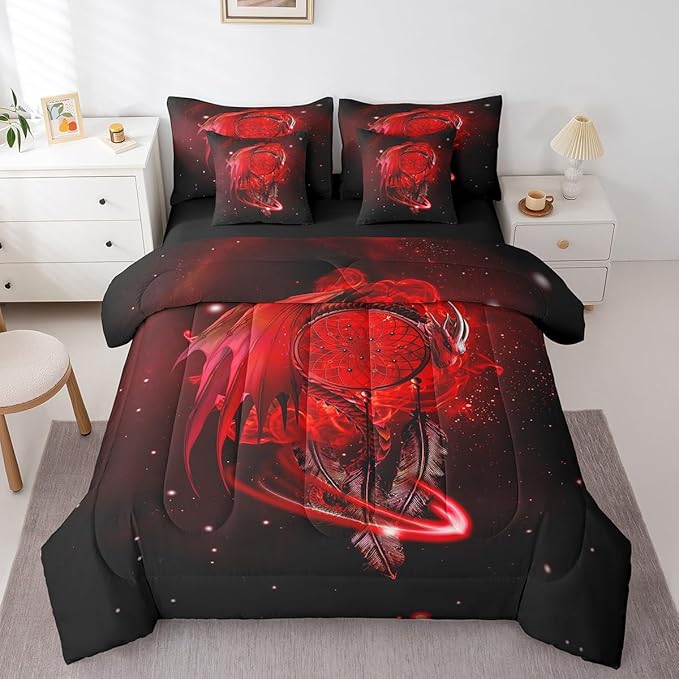 Erosebridal Gothic Dragon Dream Catchers Bed in a Bag Queen Comforter Set 7 Piece,Red Galaxy Bohemian Feather Bedding Sets Antique Animal Pterosaur Sheet Set with Comforter