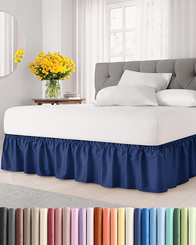 Wrap Around Dust Ruffle Bed Skirt - Navy Blue - for King Size Beds with 21 Inch Drop - Elastic Strap - Adjustable Pleated Bedskirt with Brushed Fabric and Wrinkle Free - for Women, Men, Kids & Teens
