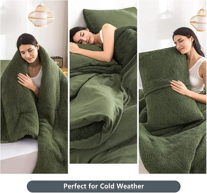 COTTEBED King Comforter Set - Soft Sherpa Down Alternative with Pillowshams, Washable (Olive Green)