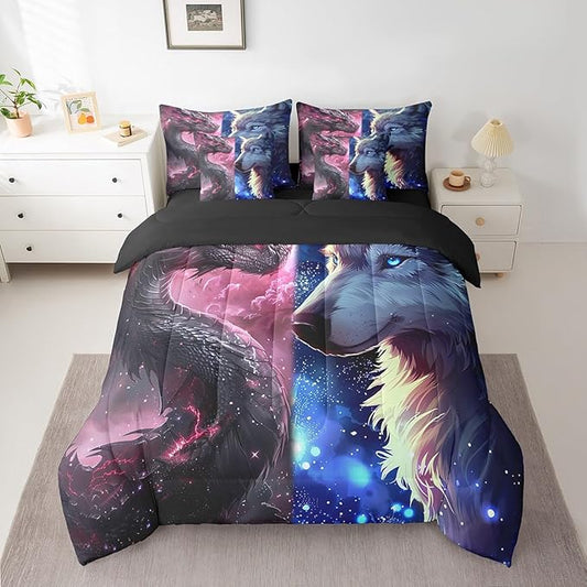 Castle Fairy Western Dragon and Wolf Comforter Set 7 Pieces King Size,Magical Animal Bedding Set for Kids,Glittering Starry Sky (Comforter+Fitted+Flat Sheet+2 Pillowcases+2 Throw Pillow Covers)