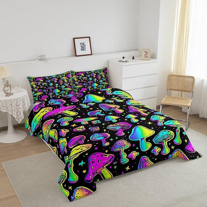 Erosebridal Mushroom Comforter Set Queen Cute Mushroom Comforter for Kids Girls Boys Cartoon Tie Dye Bedding Sets Teal Purple Neon Ombre Down Comforter Wild Colorful Botanical Quilt Set
