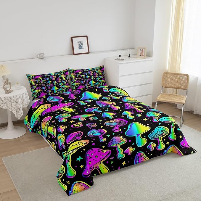 Mushroom Comforter Set King Cute Mushroom Comforter for Kids Girls Boys Cartoon Tie Dye Bedding Sets Teal Purple Neon Ombre Down Comforter Wild Colorful Botanical Quilt Set