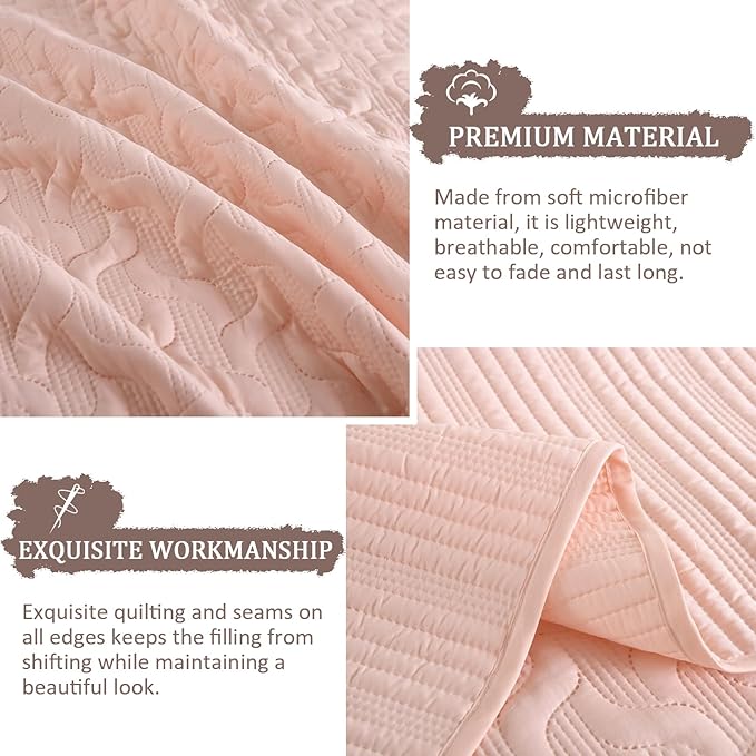 Yiran Blush Pink Quilt Set King Size, 3 Piece Reversible Bedspreads Bedding Set, Fall Wave Striped Pattern Coverlet for All Season with 2 Pillow Shams (King, 106x96 Inch)
