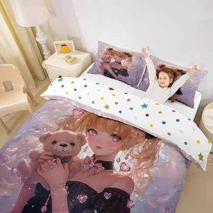 Erosebridal Bow Girls Twin Down Comforter Pink Kawaii Cartoon Anime Kids Comforter Set with 1 Pillow Case,Romantic Aesthetic Princess Bedding Set Japanese Style Girl Bed Set