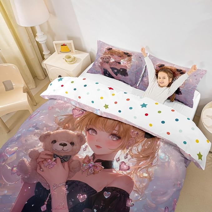 Erosebridal Bow Girls King Down Comforter Pink Kawaii Cartoon Anime Kids Comforter Set with 2 Pillow Cases,Romantic Aesthetic Princess Bedding Set Japanese Style Girl Bed Set