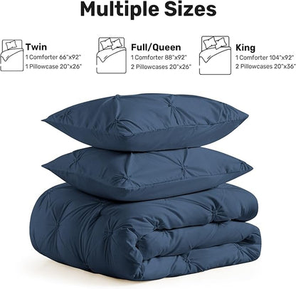 UNIKOME King Size Comforter Set Navy/Royal Blue - Ultra Soft Pintuck Down Alternative Bedding Set for All Seasons, 3 Pieces Lightweight Warm Pinch Pleat Bed Set with Comforter, 2 Pillowcases