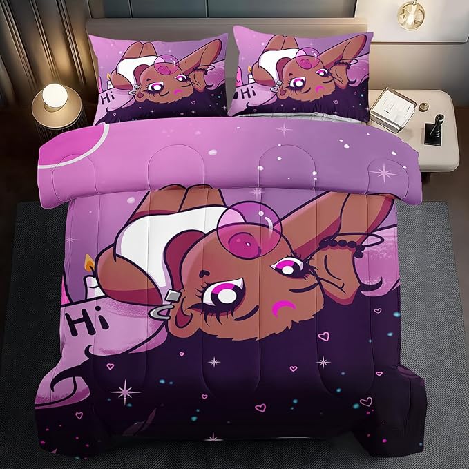 Black Girl Comforter Set Queen Cute Bedding Set College Dorm Girl Cartoon Teen Black and Pink Comforter Queen Kawaii Room Decor Cartoon Bedding Quilt Decor Kids