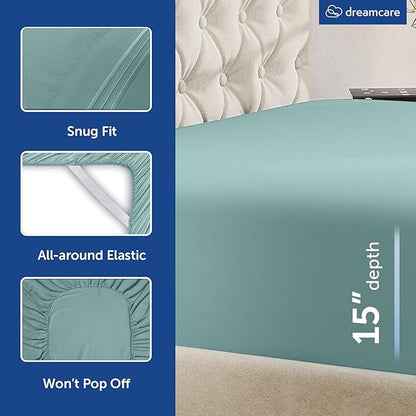 DREAMCARE Queen Sheet Set – 6 pcs Cooling Bed Sheets – up to 15” Deep Sheets Queen Size Bed Set – 2500 Supreme Collection – Extra Soft 100% Brushed Microfiber Hotel Luxury with Side Pocket – Spa Blue
