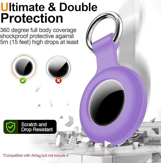 1|2|4Pack for Apple AirTag Holder with Keychain for Air Tag 2nd/1st Gen | Waterproof Air Tag Cover GPS Tracker Anti-Scratch Silicone Air-Tag Case for Pets,Kids,Bags,Luggages-Purple