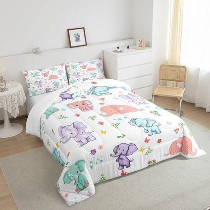 Cartoon Elephant Boys Girls Comforter Set Full Size,Watercolor Flowers Leaves Butterfly Duvet Sets Teens Bedroom Decor,Cute Wild Animal Elephants Brushed Soft Bedding Comforter