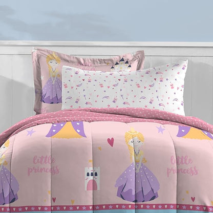 Dream Factory Kids 7-Piece Complete Bed Set Easy-Wash Super Soft Microfiber Comforter Bedding, Full, Pink Little Princess