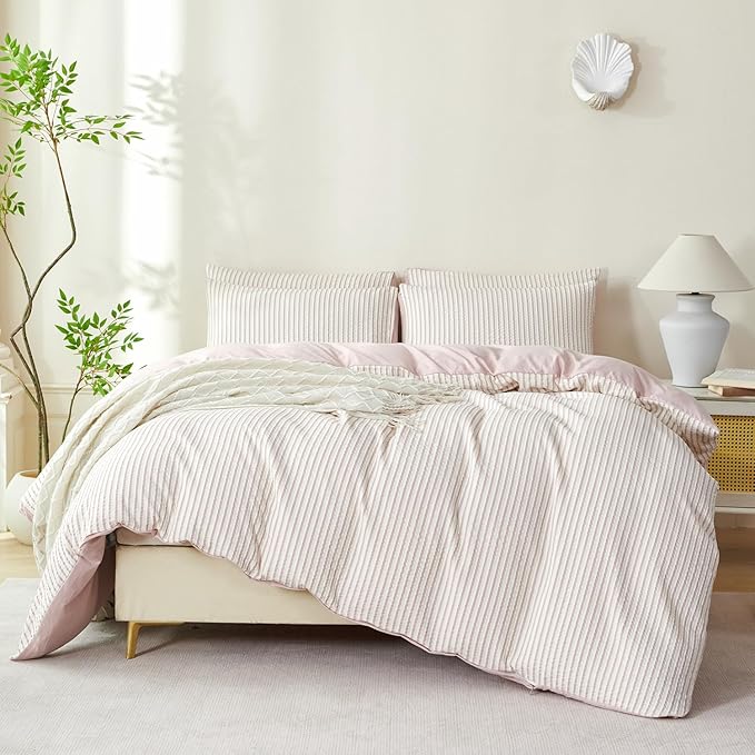 Dusty Pink Comforter Set Queen Size Soft Luxury Washed Microfiber Jacquard 3 Pieces Bedding Set, White Dusty Pink Vertical Ticking Stripes Comforter with 2 Pillowcases Breathable Durable Comfy