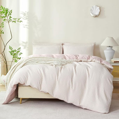 Dusty Pink Comforter Set Queen Size Soft Luxury Washed Microfiber Jacquard 3 Pieces Bedding Set, White Dusty Pink Vertical Ticking Stripes Comforter with 2 Pillowcases Breathable Durable Comfy