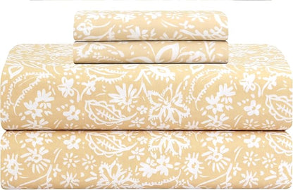 Feather & Stitch Softest 100% Cotton Sheets, 300 Thread Count Percale Weave Bedding, 16" Deep Pocket, Cooling Sheets, Breathable Bed Set, Hotel Premium Quality (Queen, Twilight Bloom Beige)