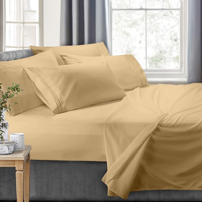 Clara Clark RV Queen Sheets, 6 Piece RV Sheets Set - Hotel Luxury Sheets for RV Bunks, Super Soft Bedding Set, Short Queen,Camel Gold