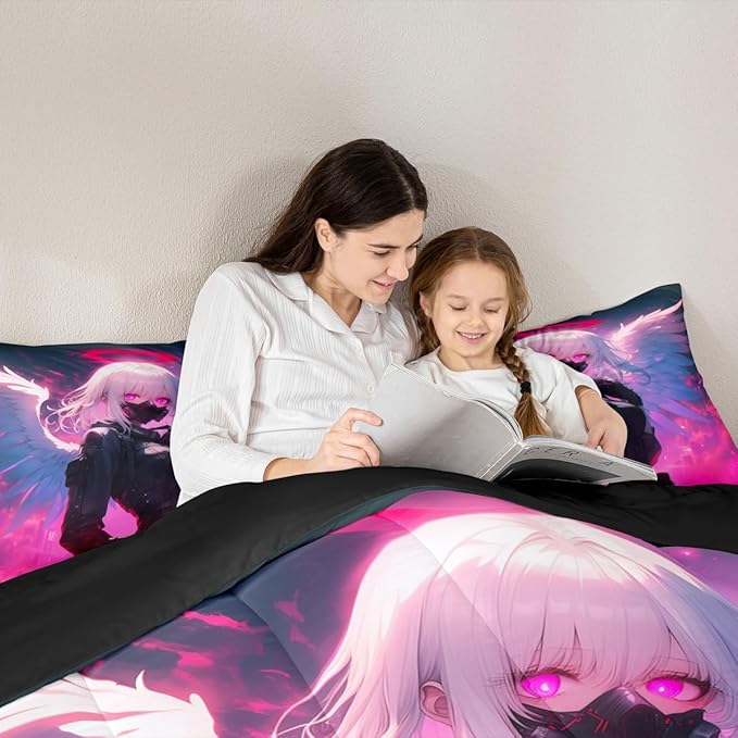 Erosebridal Queen Japanese Anime Comforter Set Anime Girl Bedding Set for Kids Girls Teens Men Bedroom, Cartoon Girl Quilt Kawaii Japanese Animation Duvet Insert 3 Piece with 2 Pillow Cases