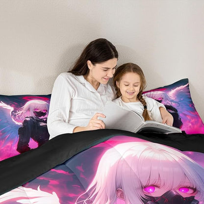 Erosebridal Anime Girl with Wings Bedding Full Size for Girls Adults, Kids Japanese Virtual Reality Comforter Cartoon Poster Style Duvet Set for Boys Teen Bedroom Decor with 2 Pillowcases