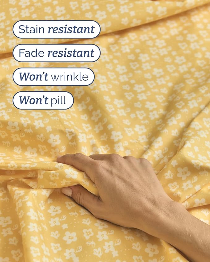 Floral Sheets - Yellow Floral Bed Sheet Set - 1 Flat, 1 Fitted & 2 Pillowcases w/ Deep Pockets - Wrinkle & Fade Free - Boho Botanical Bedding - Ultra-Soft, Breathable and Cooling - Cal King Size Set