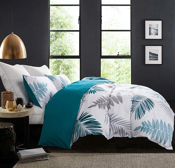 SLEEPBELLA Duvet Cover Twin, 600 Thread Count Cotton Leaf Botanical Pattern Print Reversible Comforter Cover Set (Twin, Teal Blue-Leaf)