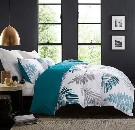 SLEEPBELLA Duvet Cover Twin, 600 Thread Count Cotton Leaf Botanical Pattern Print Reversible Comforter Cover Set (Twin, Teal Blue-Leaf)