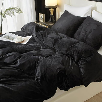 Ivellow Velvet Duvet Cover King Set Black Velvet Duvet Cover King Comforter Cover 3Pcs Ultra Soft Duvet Cover Breathable Solid Luxury Flannel Velour Duvet Cover Zipper Closure Corner Tie