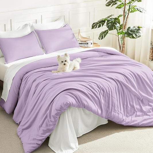 Litanika Lavender Purple Comforter Full Size, 3 Pieces Lightweight Solid Bedding Comforter Set, All Season Fluffy Bed Set (79x90In Comforter & 2 Pillowcases)