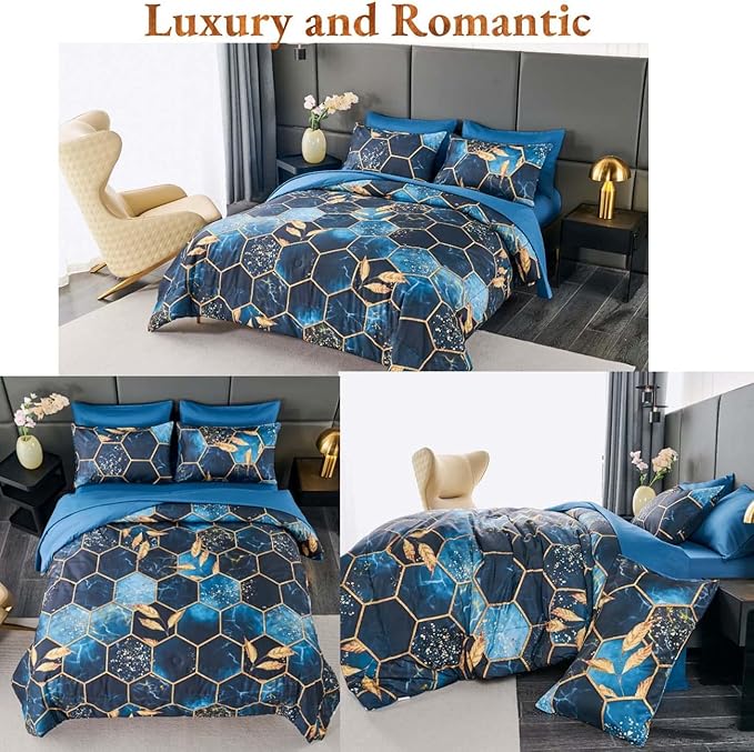 ANGIYUIN 7 Pieces Blue Gold Bed in A Bag Full Geometric Hexagon Theme Bedding Sets Gold Trim Comforter Set, Luxury Steel Blue Gold Foil Print Bed Sets with Pillowcases Sheets (Blue Full)