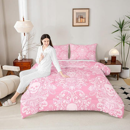 Feelyou Adults Gothic Skull Bedding Set Full Size Kids Damask Print Comforter Goth Bohemian Duvet Breathable Soft Lightweight Microfiber Pink White Room Decor with 2 Pillowcases
