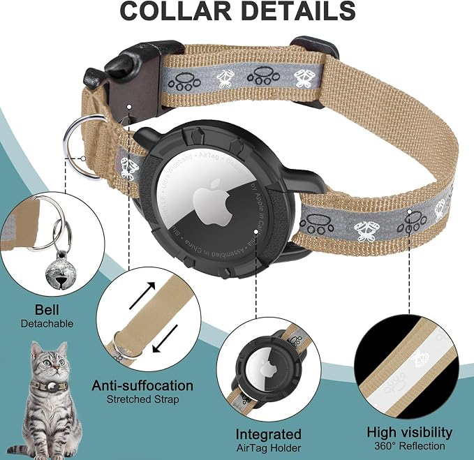 Reflective AirTag Cat Collar, Integrated Cat Collar with Air Tag Holder | Built in AirTag Holder, Adjustable 7-13in for Cats, Kittens and Puppies, Safety Elastic Band, Reflective for Night Walking