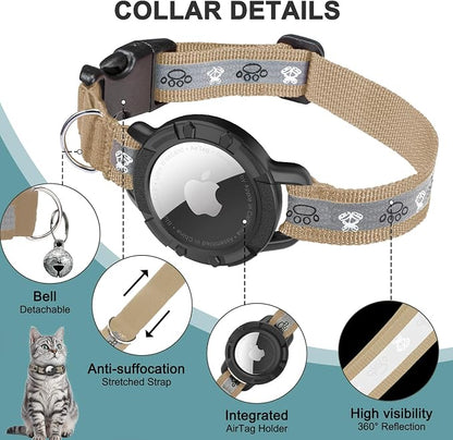 Reflective AirTag Cat Collar, Integrated Cat Collar with Air Tag Holder | Built in AirTag Holder, Adjustable 7-13in for Cats, Kittens and Puppies, Safety Elastic Band, Reflective for Night Walking