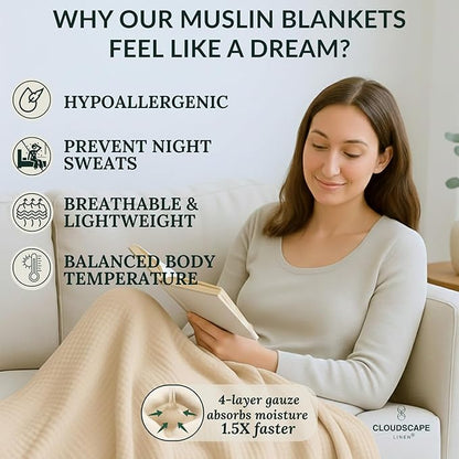 CLOUDSCAPE 100% Cotton Muslin Throw Blanket for Adults - 4 Layer 50x70 Oversized Breathable Gauze Bedding, All Season Spring Gifting, Cozy Lightweight Throw for Sofa, Couch, Home Decor - Fog