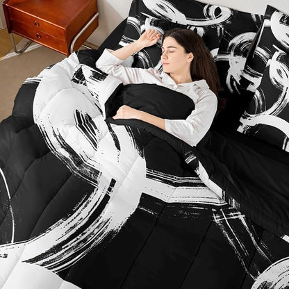 Erosebridal White and Black 7 Pcs Comforter Set Twin Abstract Line Minimalist Ink Painting Bedding Set for Kids Boys Girls Simple Graffiti Art Modern Geometric Sheet Set Boho Cool Unique Mens Quilt