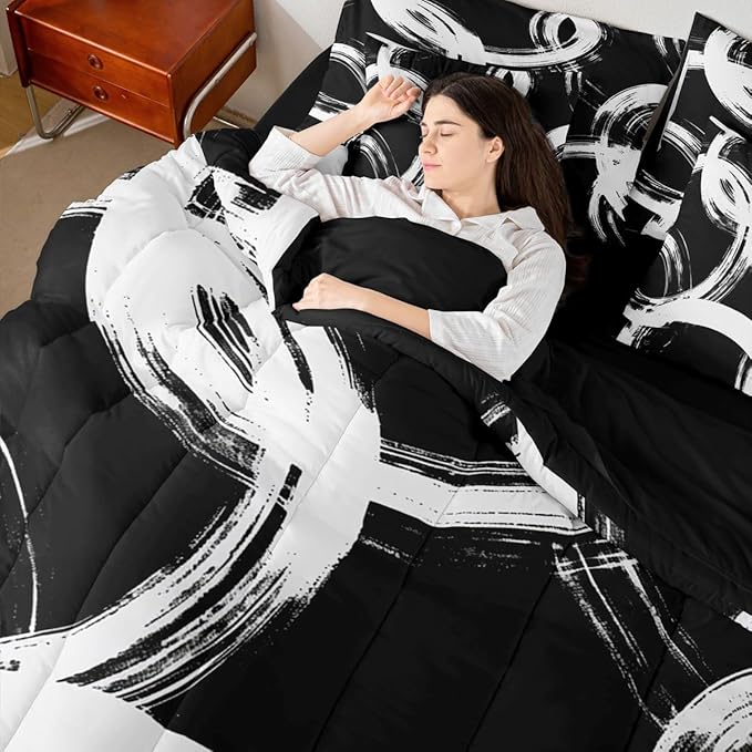 Erosebridal White and Black 7 Pcs Comforter Set Full Abstract Line Minimalist Ink Painting Bedding Set for Kids Boys Girls Simple Graffiti Art Modern Geometric Sheet Set Boho Cool Unique Mens Quilt