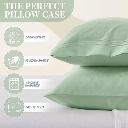 Vonty 2 Pack Standard Pillow Cases - 20x26 Inch, 1800 Thread Count Microfiber Pillowcases Standard Size Sage Green Pillow Cases Luxury & Soft Embroidered Bed Pillow Covers with Envelope Closure