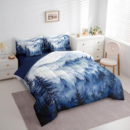 Erosebridal Blue Misty Forest Twin Bedding Set 7 Piece Mountain Foggy Woodland Bed in A Bag with Sheets Rustic Pine Tree Comforter Set for Kids Adults,Watercolor Nature Theme Bed Sets
