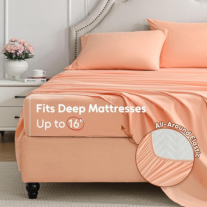 Queen Sheet Set, 4 Pieces Hotel Luxury Soft Microfiber Queen Bed Sheets Set, Up to 16" Deep Pockets, Oeko-Tex Sheets with Elastic, Breathable, Wrinkle Free (Peach Pink, Queen)