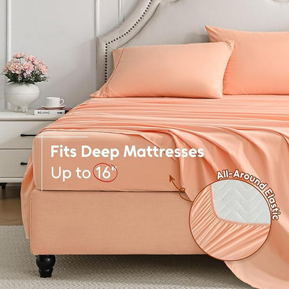 Queen Sheet Set, 4 Pieces Hotel Luxury Soft Microfiber Queen Bed Sheets Set, Up to 16" Deep Pockets, Oeko-Tex Sheets with Elastic, Breathable, Wrinkle Free (Peach Pink, Queen)