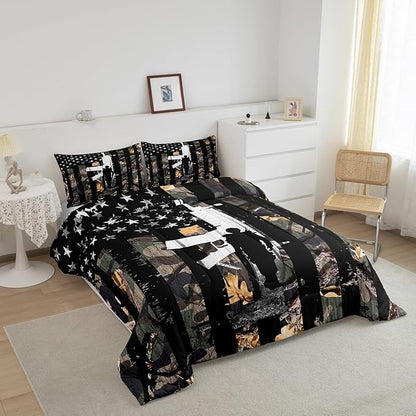 Castle Fairy American Flag Comforter Set King,Camouflage Camo Kids Boys Men Bedding Decor,Vintage Stripes Comforter with 2 Pillowcases,Green Leaves Quilt Set 3 Pcs,Shooting Theme Game Room Decor