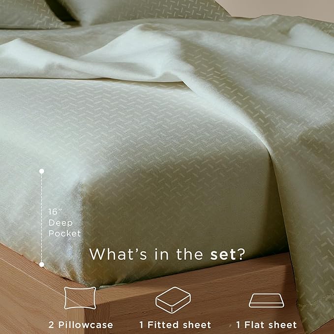 Threadmill Cotton Full Size Sheet Set | 100% Cotton Sheets for Full Size Bed | Damask Jacquard Full Bed Sheets Set with 16” Deep Pocket | Soft Sateen Weave 4-Piece Cooling Bedding Set | Sage Green