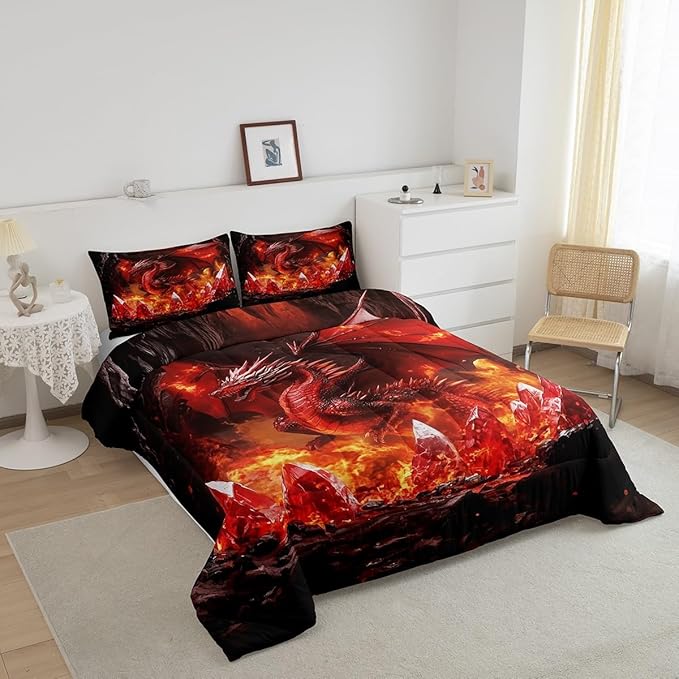 Castle Fairy Dragon Comforter Set Toddler Size,Glowing Flame Dragon Bedding Set for Kids Teens Bedroom,Western Fierce Animals Down Comforter,2 Pcs 1 Pillowcase