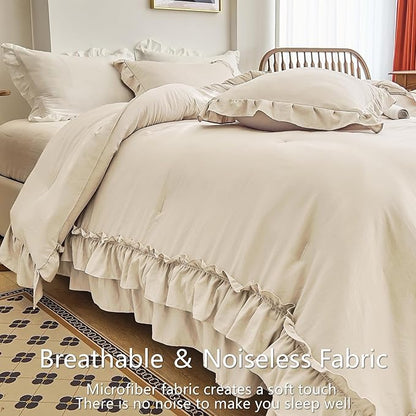 AIKASY Camel Ruffle Comforter Set King, 3 Pieces Vintage Ruffle Fringe Comforter, Farmhouse Rustic Microfiber Down Alternative Bedding (1 Comforter + 2 Pillow Shams)