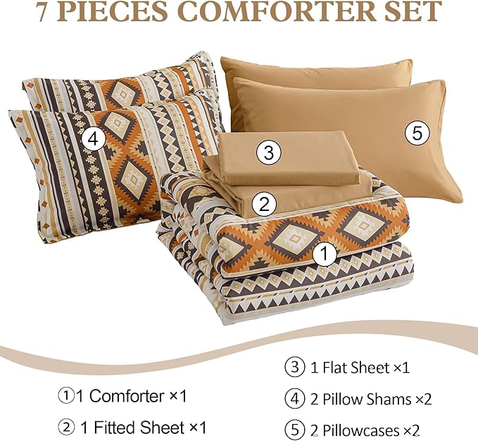 Dinjoy Boho King Size Bed in A Bag 7 Pieces,Yellow Brown Comforter Set Aztec Striped Fall Bedding Set Patchwork Complete Set Geometric Pattern Comforters for Women 90"×104"