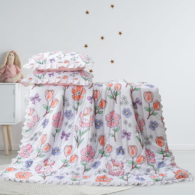 A Nice Night 6 Piece Comforter Set Twin Bed in a Bag with Comforter & Sheet Set,Chic Cute Rabbits Bow Printed Bedding Sets,Princess Ruffle Bedding for Kids Girls
