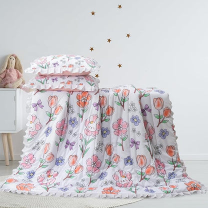 A Nice Night 6 Piece Comforter Set Twin Bed in a Bag with Comforter & Sheet Set,Chic Cute Rabbits Bow Printed Bedding Sets,Princess Ruffle Bedding for Kids Girls
