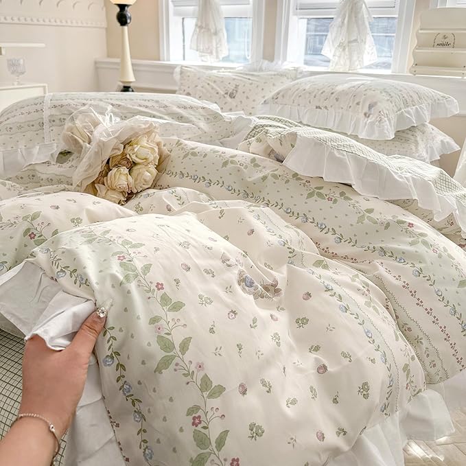VM VOUGEMARKET Kids Comforter Set Full Size Cute Rabbit Down Comforter with Flower Leaves Pattern Reverisble Ruffle Lace Bedding Set for Teen Girls(Green,Full)