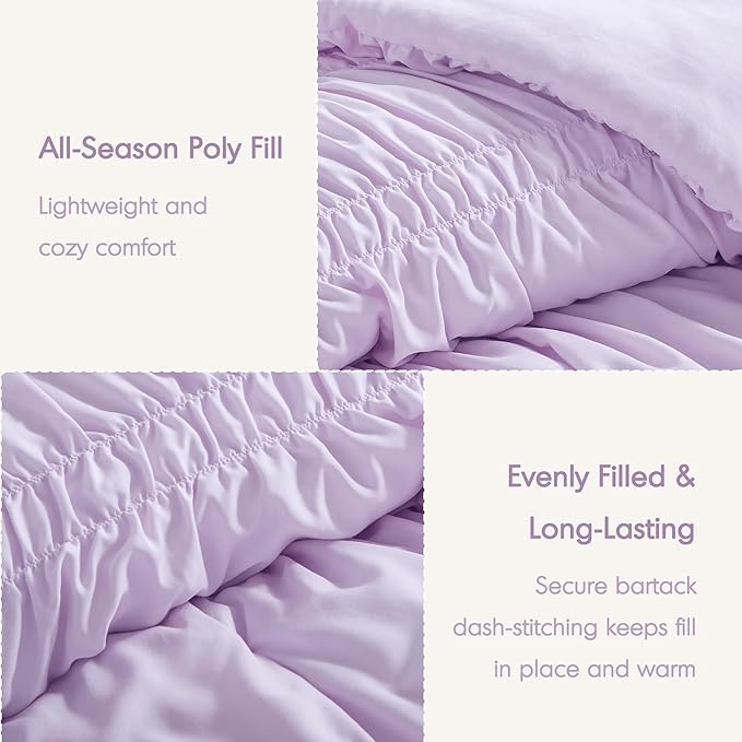 Intelligent Design King Comforter Set Ruched Shabby Chic Comforters for King Size Bed, All Season Lightweight Purple Ruffle, French Country Bedding Set, Shams, Ella, King/Cal King, Lavender 3 Piece