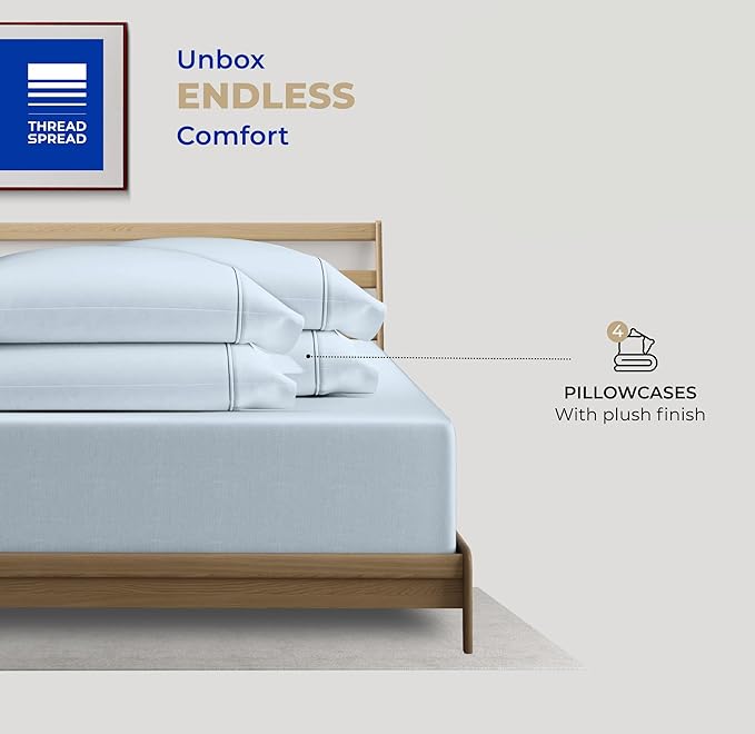 THREAD SPREAD 100% Cotton Pillow Cases Queen Size Set of 2 - Luxury 400 Thread Count Queen Pillow Cases (Light Blue), Soft Cooling Breathable Hotel Quality Cotton Pillowcases, Fits Standard Pillows