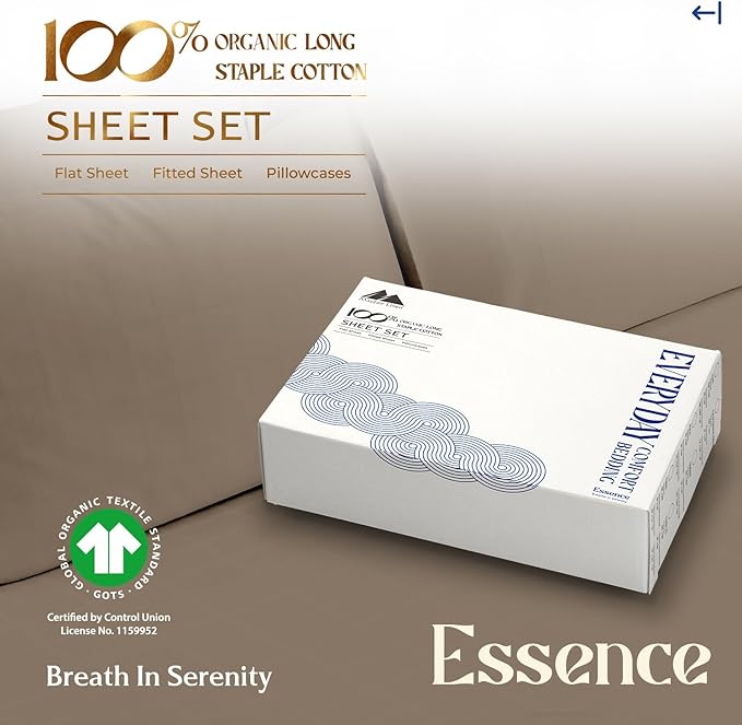 Mayfair Linen 100% Organic Cotton Sheets Queen Size - 4 PC Organic Cotton Queen Size Percale Weave Sheet Set, Soft, Cooling, Crisp & Breathable, 16" Deep Pocket Hotel Quality Bedding Set - Taupe